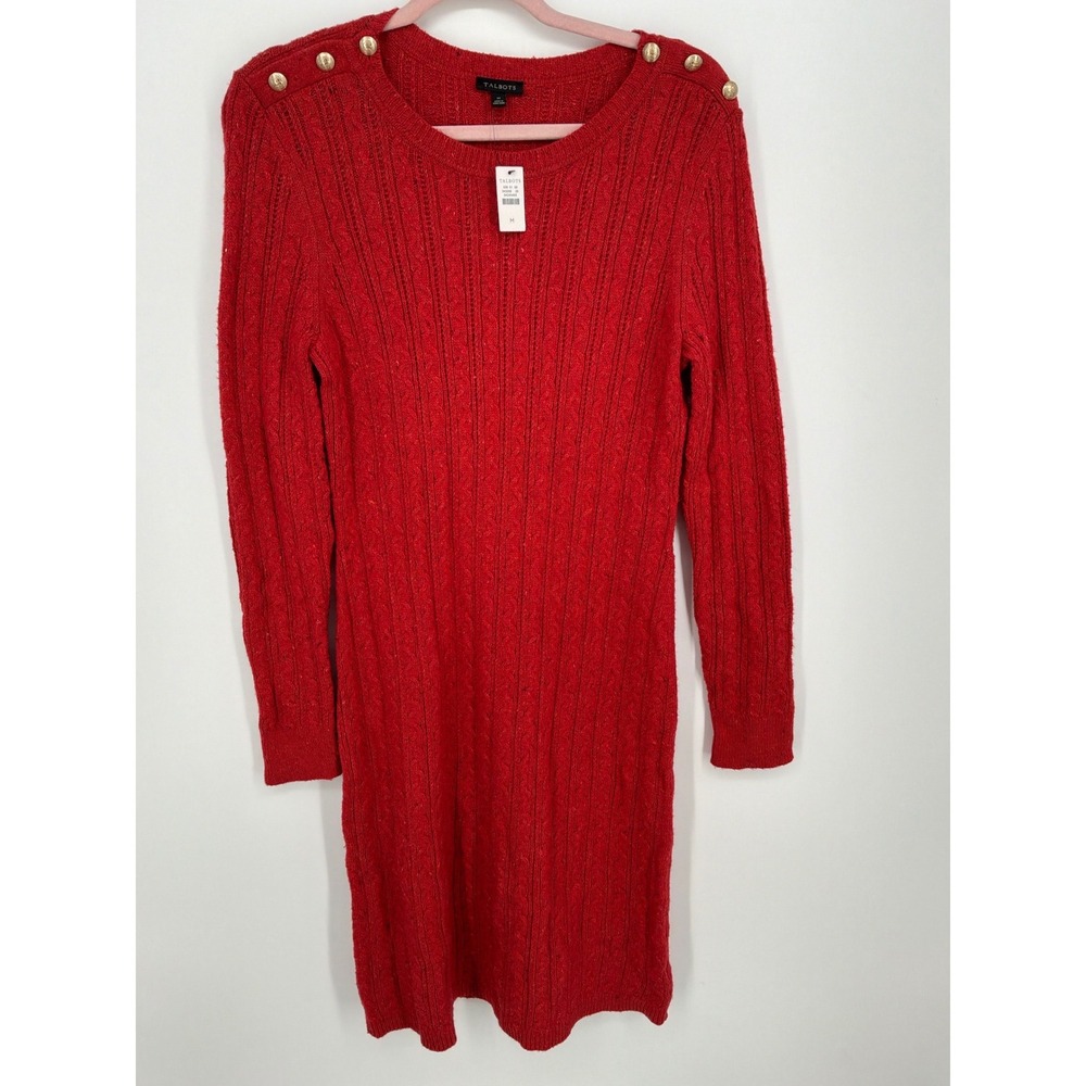 Talbots Medium Cable Knit Sweater Dress NWT Red Gold Button Shoulders
